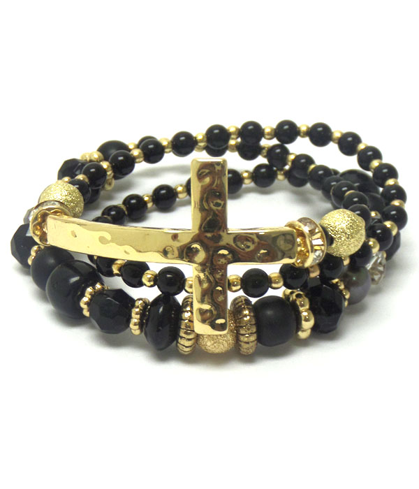 HAMMERED CROSS AND MULTI BEAD STRETCH WRAP BRACELET