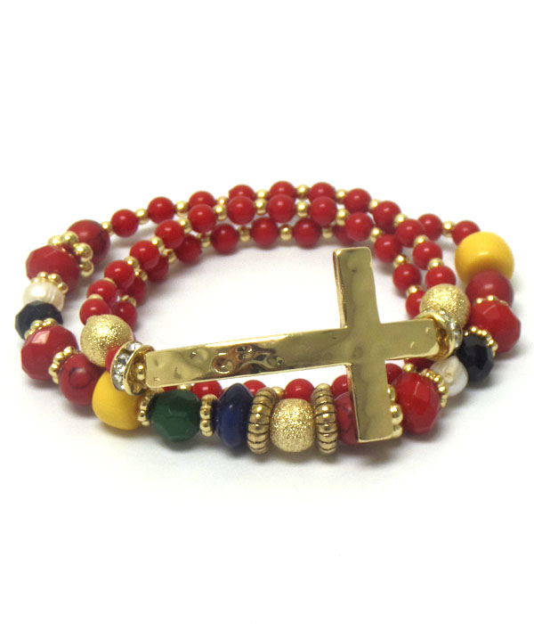 HAMMERED CROSS AND MULTI BEAD STRETCH WRAP BRACELET