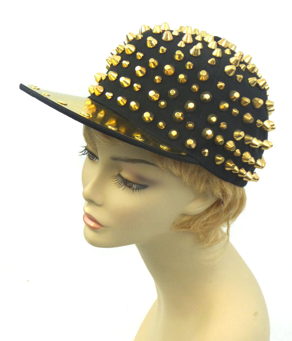 SPIKE ALL OVER AND GOLD TONE BRIM PUNK HIPHOP CAP