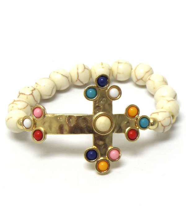 BEAD ACCENT HAMMERED CROSS STRETCH BRACELET