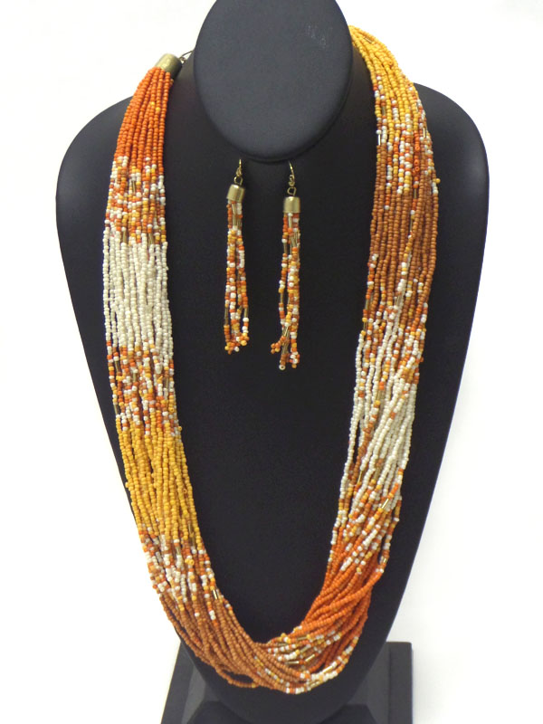 MULTI SEED BEAD CHAIN MIX NECKLACE EARRING SET