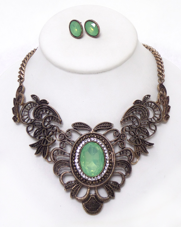 CRYSTAL AND SMOKY STONE METAL LACE FILIGREE NECKLACE SET