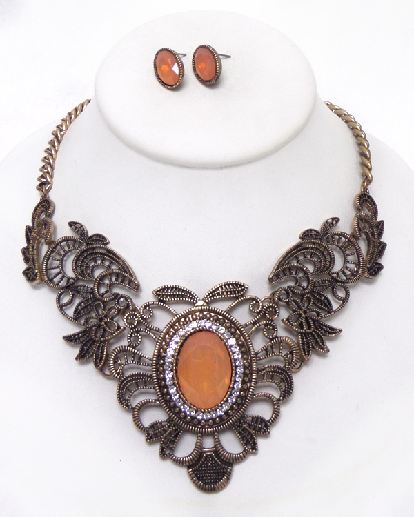 CRYSTAL AND SMOKY STONE METAL LACE FILIGREE NECKLACE SET