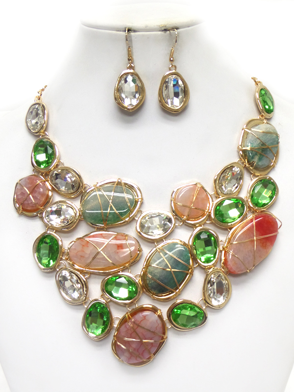 GLASS HANDMADE WITH WIRE AGATE  STATEMENT NECKLACE SET