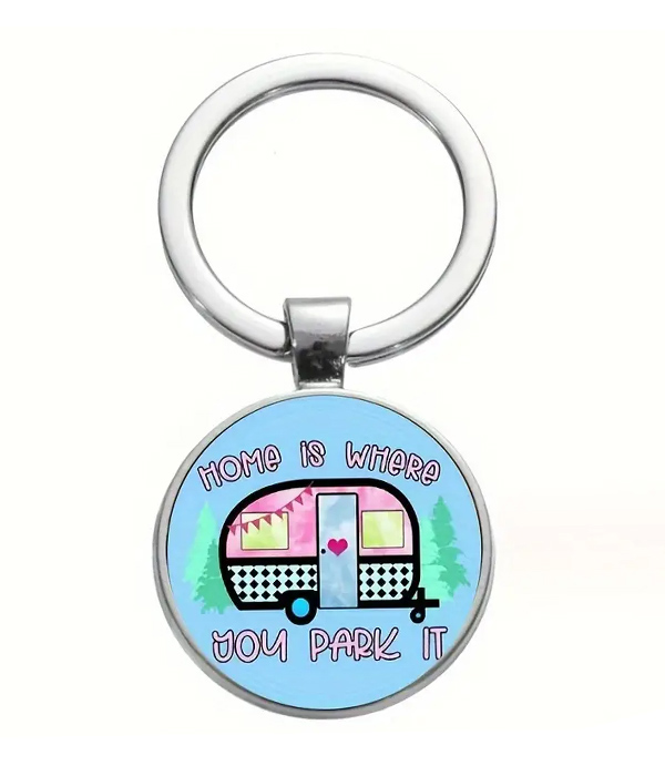 HAPPY CAMPER THEME KEYCHAIN - HOME IS WHERE YOU PARK IT