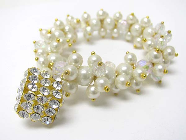 CRYSTAL STUD CUBE CHARM PEARL BEADS CLUSTER STRETCH BRACELET