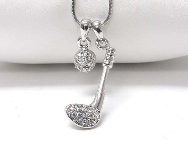 WHITEGOLD PLATING CRYSTAL MINIATURE GOLF CLUB AND BALL PENDANT NECKLACE