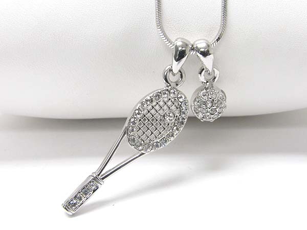 WHITEGOLD PLATING CRYSTAL MINIATURE TENNIS RACKET AND BALL PENDANT NECKLACE