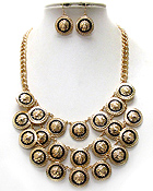 LION HEAD AND EPOXY DECO MULTI DISK LINK RIHANNA STYLE BIB NECKLACE EARRING SET - Wholesale Fashion Jewelry