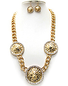 CRYSTAL DECO TRIPLE LION HEAD DISK AND THICK CHAIN RIHANNA STYLE NECKLACE EARRING SET