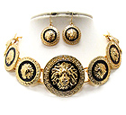 MULTI EPOXY DECO LION HEAD DISK LINK RIHANNA STYLE CHOCKER NECKLACE EARRING SET - Wholesale Fashion Jewelry