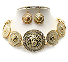 MULTI EPOXY DECO LION HEAD DISK LINK RIHANNA STYLE CHOCKER NECKLACE EARRING SET - Wholesale Fashion Jewelry