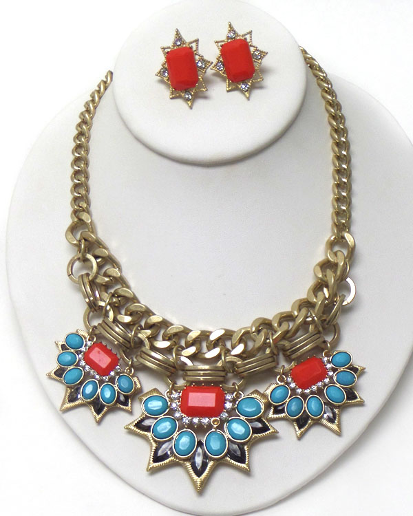 CRYSTAL AND ACRYLIC STONE MIX ON THICK CHAIN AZTEC STATEMENT NECKLACE EARRING SET -western