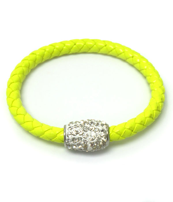 CRYSTAL STUD CLAY BALL AND NEON LEATHERETTE BAND MAGNETIC CLOSURE BRACELET
