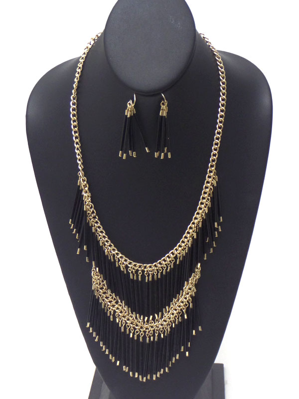 MULTI TUBE STICK DROP LINK DOUBLE LAYER CHAIN NECKLACE EARRING SET