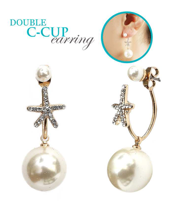 CRYSTAL STARFISH AND PEARL DOUBLE SIDED FRONT AND BACK EARRING - DOUBLE C CUP