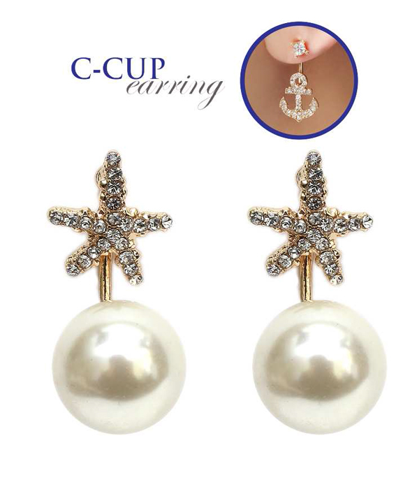 CRYSTAL STARFISH AND PEARL DOUBLE SIDED FRONT AND BACK EARRING - C CUP