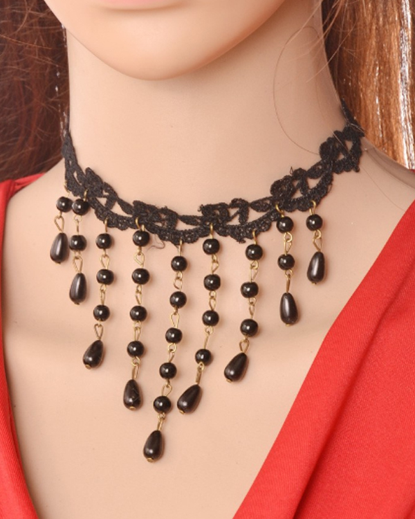 LACE CHOCKER AND BEADS DROP NECKLACE