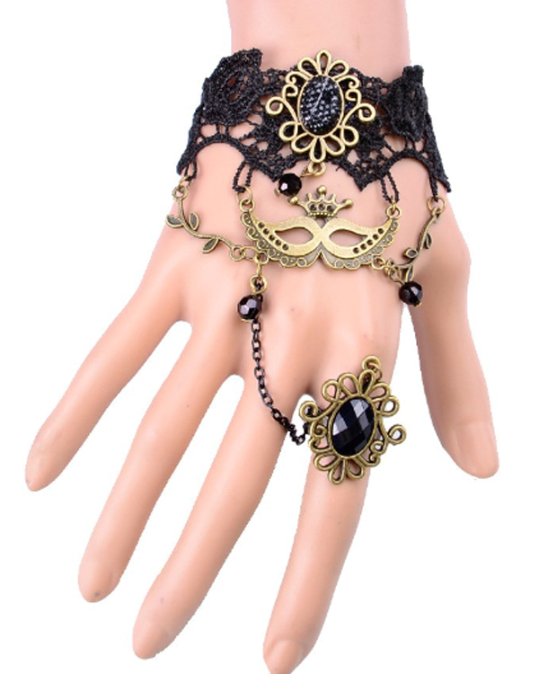 MASK ACCENT SLAVE RING AND LACE STEAMPUNK BRACELET SET