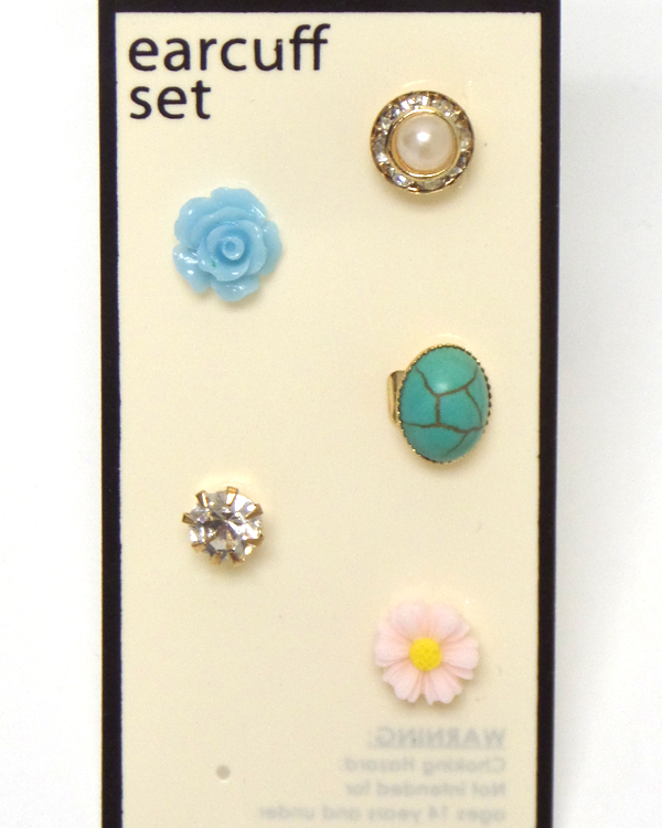 CRYSTAL AND TURQUOISE MIX FLOWER 5 SET OF EARCUFF