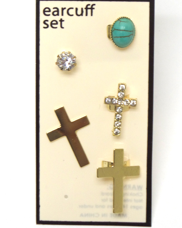 CRYSTAL AND TURQUOISE MIX CROSS 5 SET OF EARCUFF