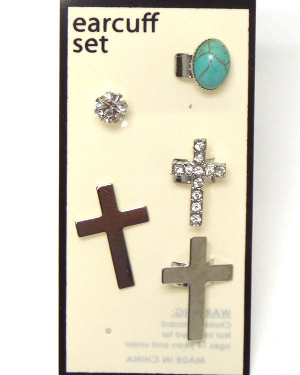 CRYSTAL AND TURQUOISE MIX CROSS 5 SET OF EARCUFF