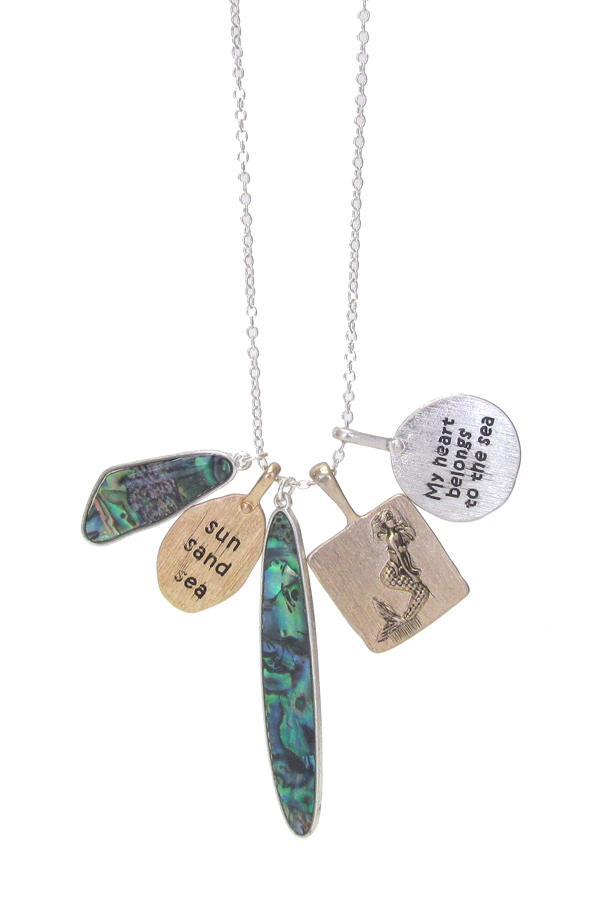 SEALIFE THEME ABALONE MULTI CHARM NECKLACE - MY HEART BELONGS TO THE SEA