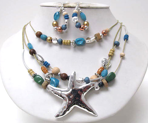 ACRYL MIXED CHIP STONE AND METAL BEADS WITH WOOD DROP HAMMERD METAL STARFISH CORD CHAIN NECKLACE EARRING SET