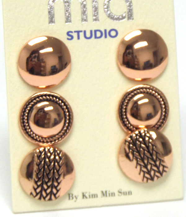 PLAIN AND TEXTURED BUTTON EARRING SET OF 3