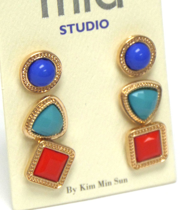 MULTI SHAPE AND COLOR STONE MIX EARRING SET OF 3