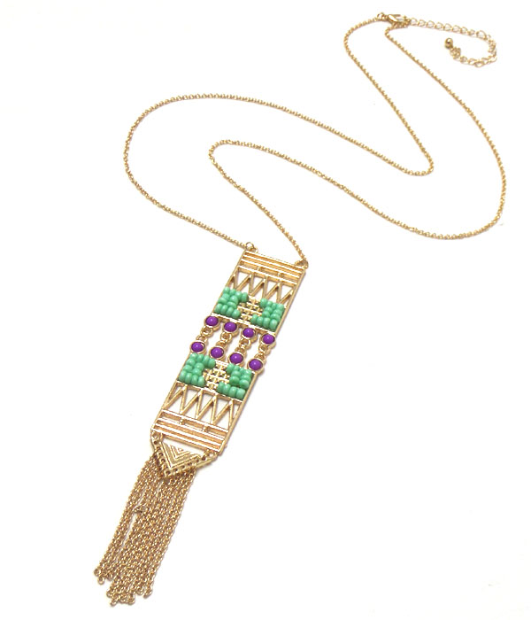 SEED BEAD AND METAL FILIGREE CHEVRON PATTERN AND CHAIN TASSEL NECKLACE