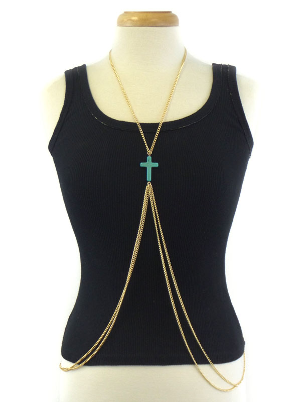 TURQUOISE CROSS CENTER AND DOUBLE LAYER BODY CHAIN