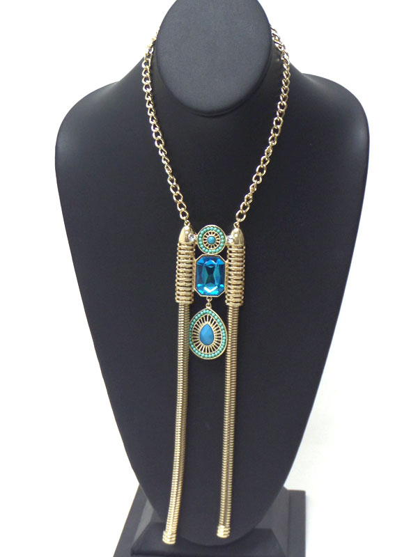 FACET STONE AND METAL FILIGREE TEARDROP AND THICK SNAKE CHAIN DROP NECKLACE
