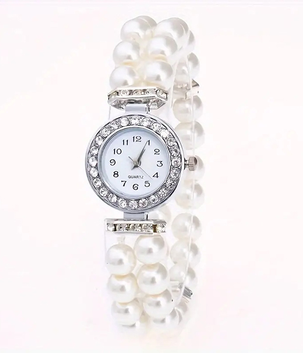 RHINESTONE FACE AND STRETCH PEARL CHAIN WATCH