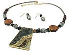 SEMI PRECIOUS PLATING METAL PENDANT AND WOOD DECO SEED BEAD NECKLACE AND EARRING SET