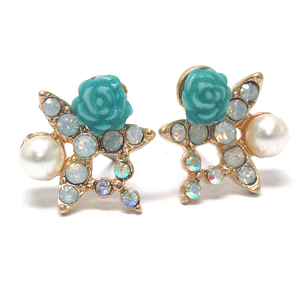 CRYSTAL AND PEARL AND ROSE DECO STUD EARRING