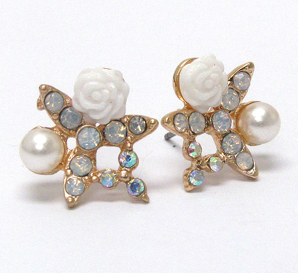 CRYSTAL AND PEARL AND ROSE DECO STUD EARRING
