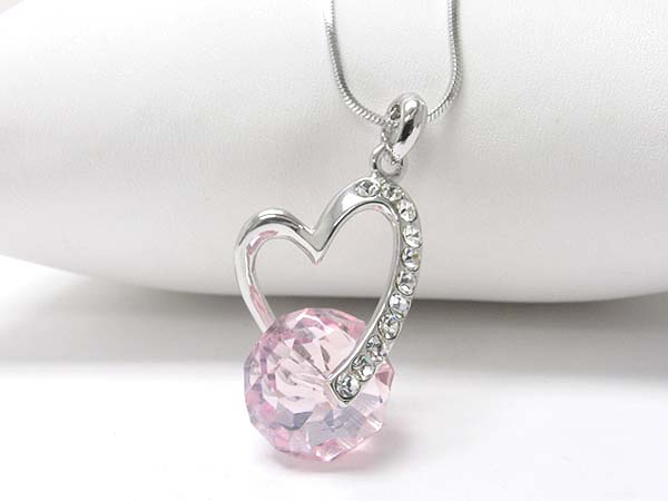 WHITEGOLD PLATING HEART AND FACET CRYSTAL BALL PENDANT NECKLACE