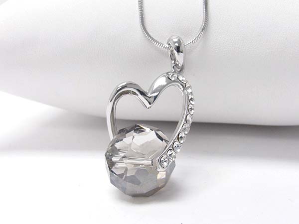 WHITEGOLD PLATING HEART AND FACET CRYSTAL BALL PENDANT NECKLACE