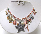 METAL STAR FISH DROP MULTI CHARM CHAIN SEA LIFE AND MULTI PEAL DANGLE NECKLACE EARRING SET