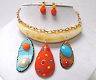 ACRYL STONES AND ONE TEAR DROP HALF OVAL ACRYL FASHION DESIGNER STYLE DANGLE DROP CHAIN NECKLACE EARRING SET - Wholesale Jewelry