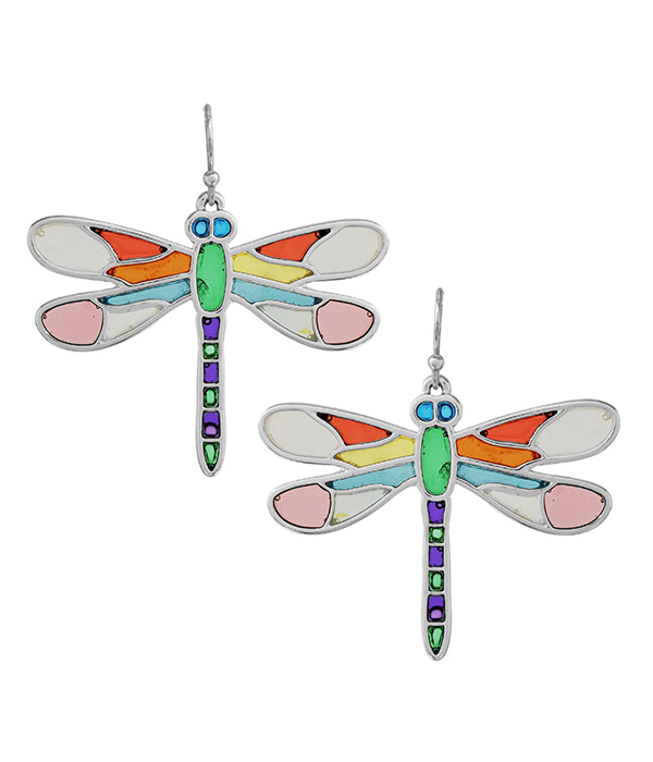 GARDEN THEME STAINED GLASS WINDOW INSPIRED MOSAIC EARRING - DRAGONFLY