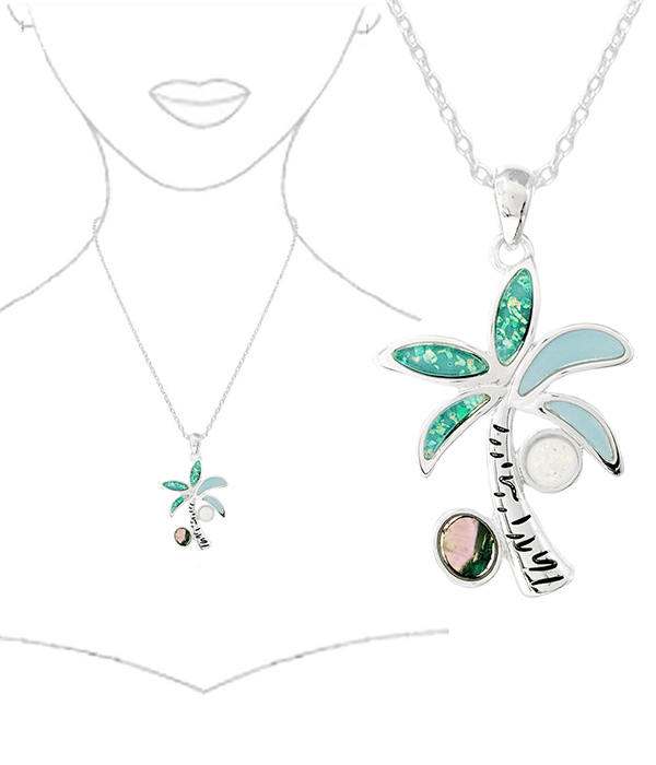 TROPICAL THEME OPAL AND ABALONE MIX PENDANT NECKLACE - PALM TREE