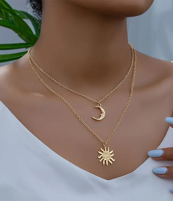 ETSY STYLE VINTAGE SUN AND MOON PENDANT DOUBLE LAYER NECKLACE