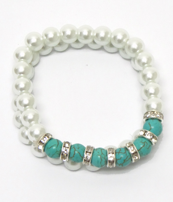TURQUOISE STONE AND PEARLS WITH CRYSTALS BRACELET