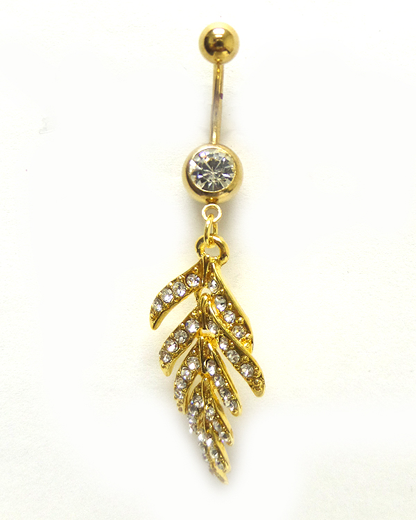 SURGICAL STEEL LEAF WITH CRYSTALS BELLY RING  NAVEL RING