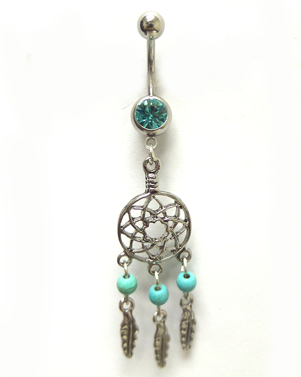 SURGICAL STEEL STEEL DREAM CATCHER WITH DROP BELLY RING  NAVEL RING