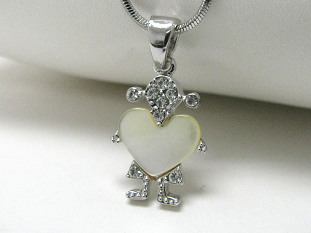 MADE IN KOREA WHITEGOLD PLATING CRYSTAL AND MOTHER OF PEARL HEART GIRL PENDANT NECKALCE