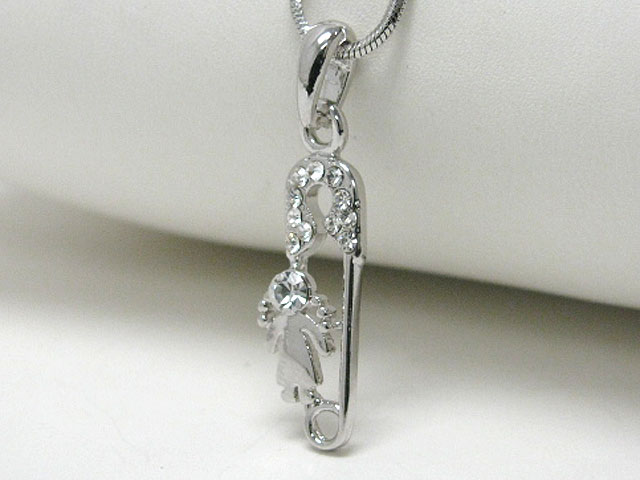 WHITEGOLD PLATING CRYSTAL STUD GIRL AND CLOTHES PIN PENDANT NECKALCE