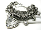 FACET GLASS HEART CHARM AND MULTI MASSIVE METAL CHAIN BRACELET - Wholesale Fashion Jewelry